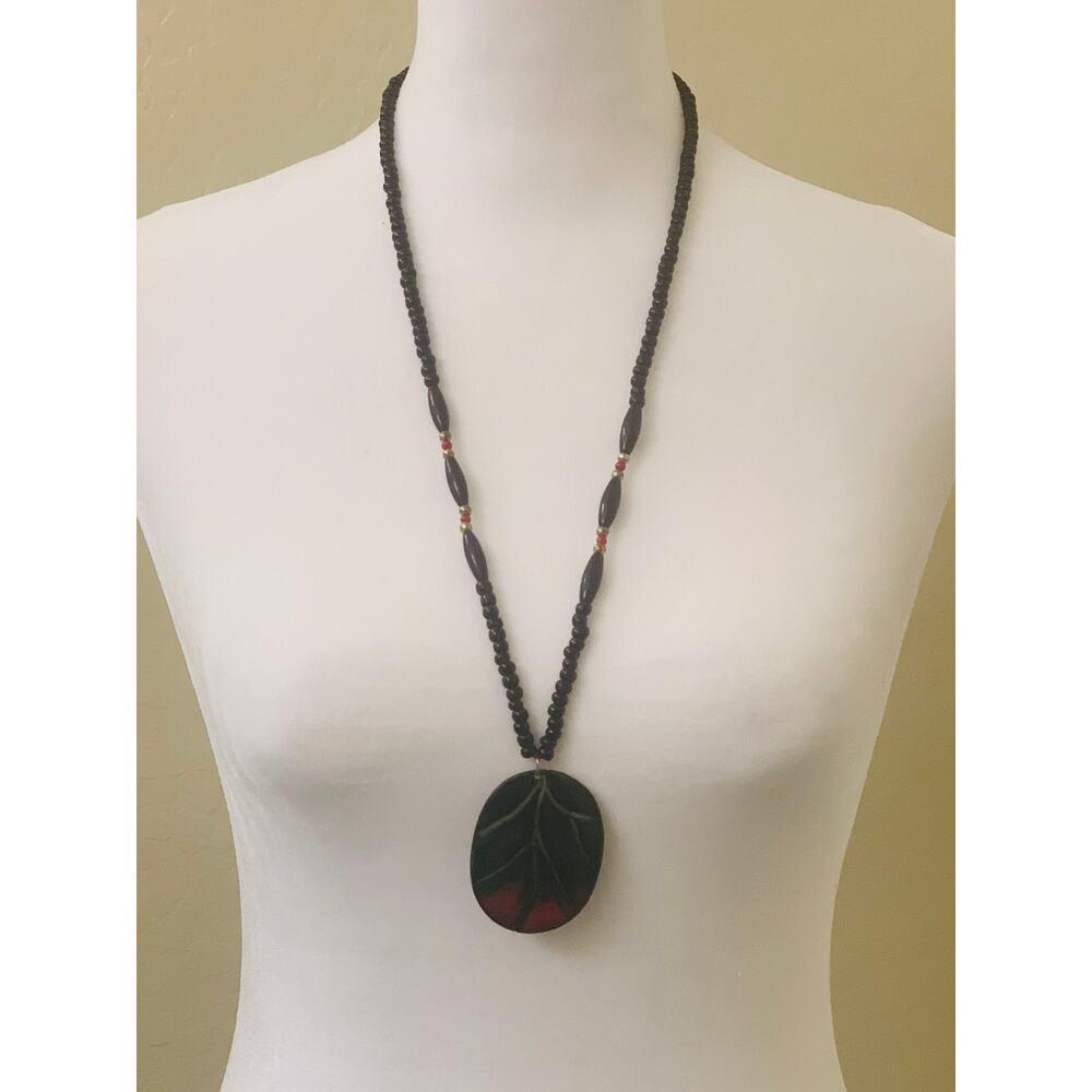 Black and Red Beaded Necklace with Oval Leaf Vein Pendant, 26" Long
